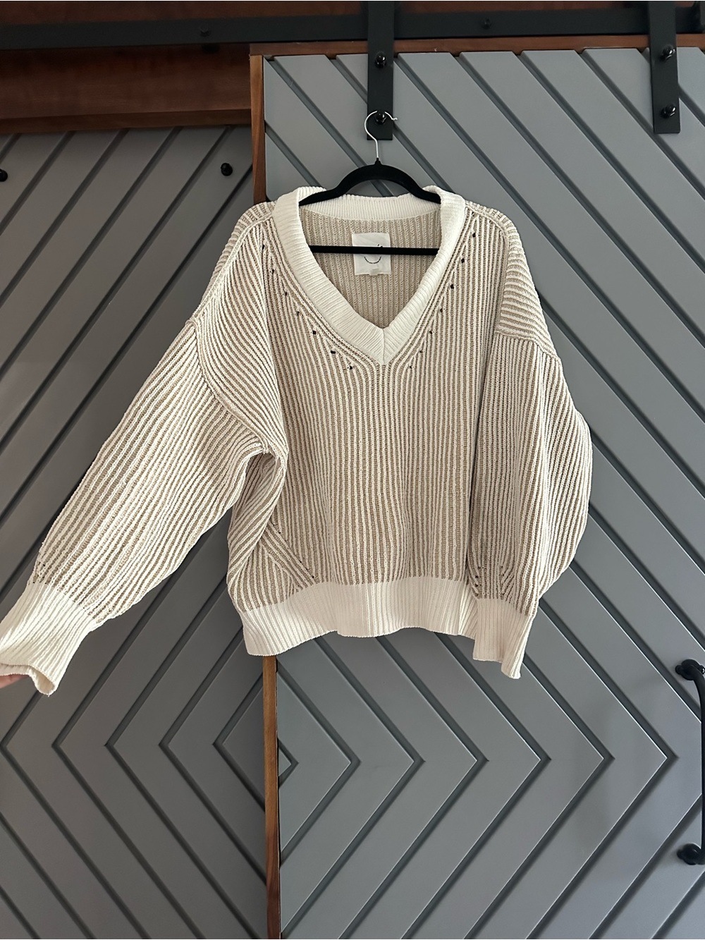 aerie Cream Ribbed V-Neck Balloon Sleeve Sweater